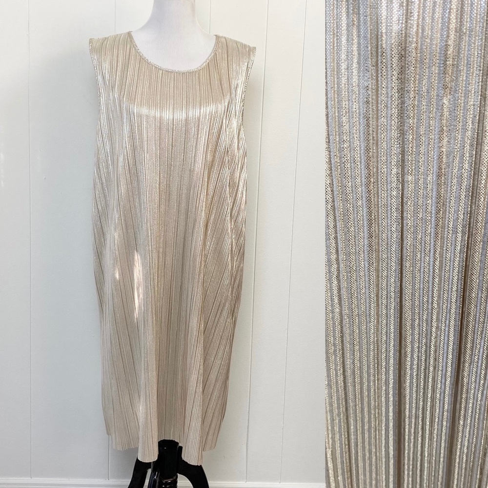 H&M Rose Champagne Gold Crinkle Midi Length Sleeveless Dress Size XL